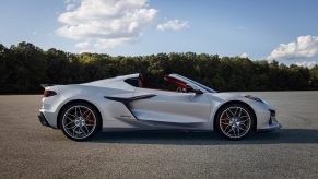 A profile shot of a silver 2023 Chevrolet Corvette Z06, the same one featured in Top Gear's video