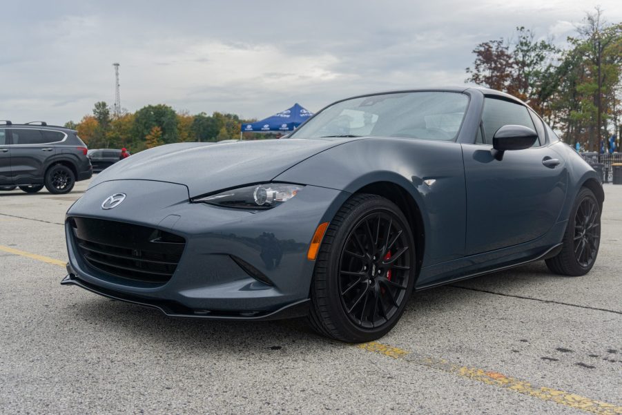 A gray 2021 Mazda MX-5 Miata Club RF with Brembo BBS Recaro Package at Road America