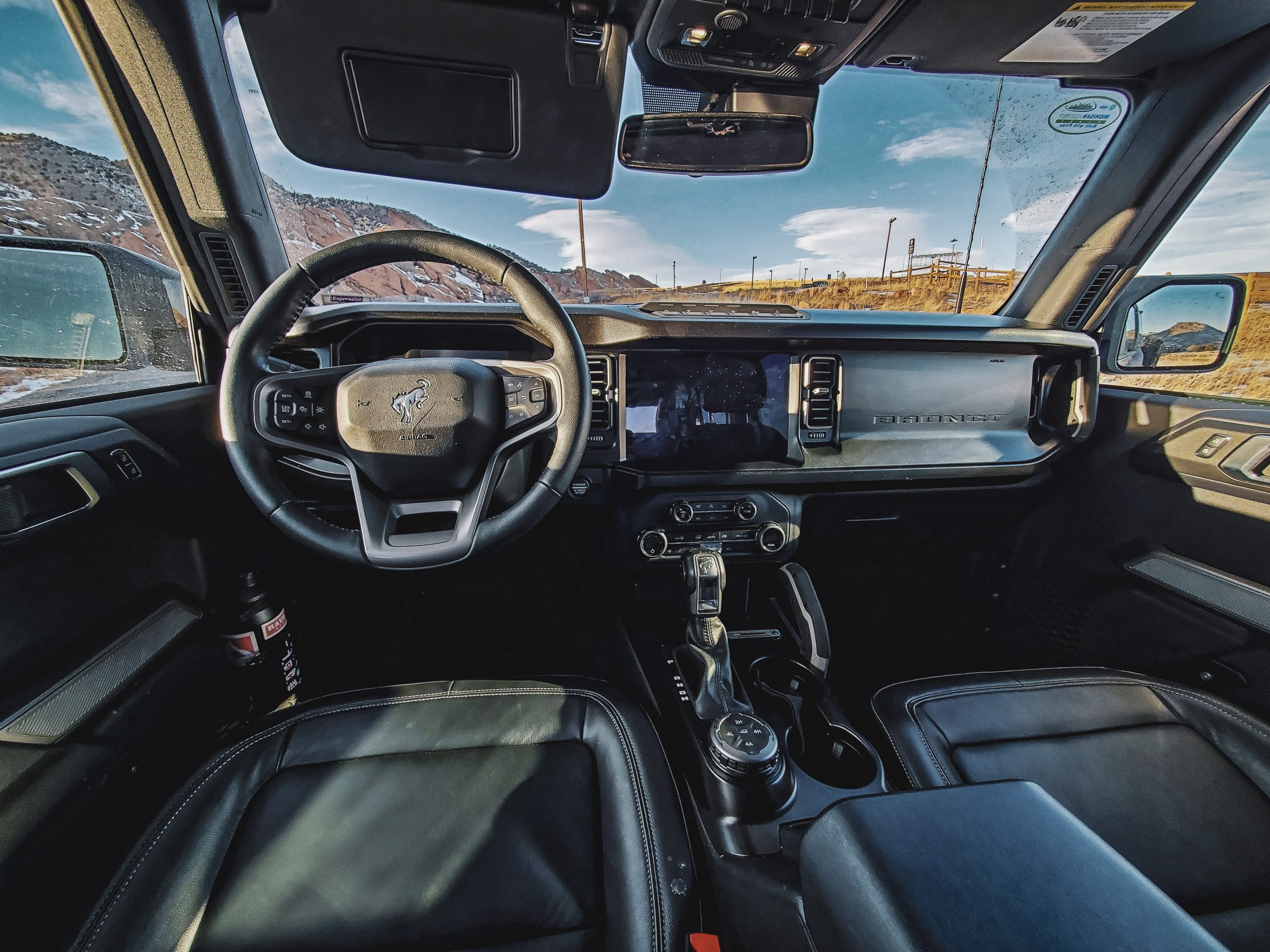 The interior of the Bronco with black leather