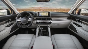 Consumer Reports recommends the 2022 Kia Telluride, shown here with a gray interior