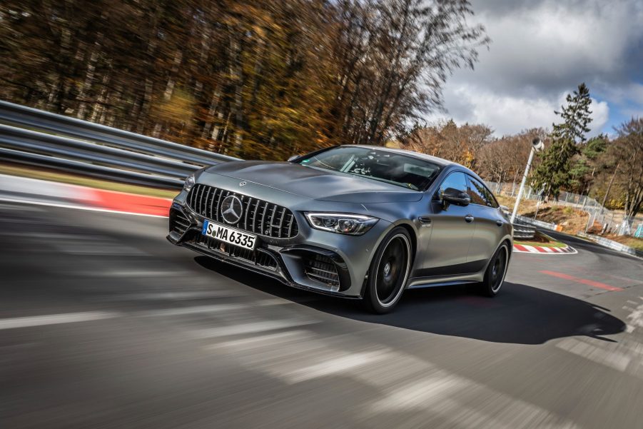 3/4 front view of a gray Mercedes-AMG GT 63 S on the Nurburgring