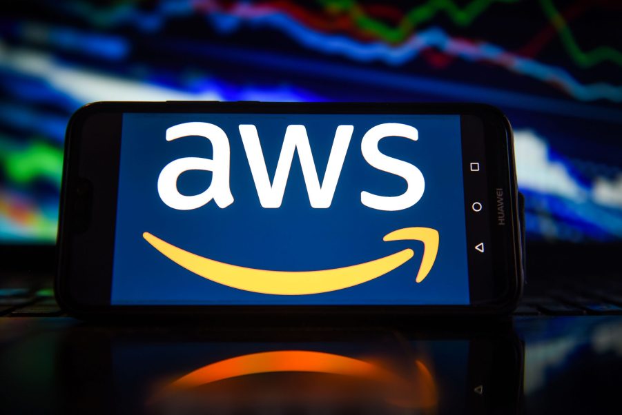 Amazon Web Services (aws) logo displayed on a smart phone.