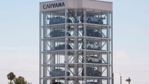 An eight-story Carvana vending machine building in Huntington Beach, California