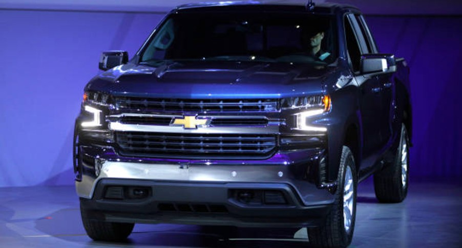 A blue Chevy Silverado full-size pickup truck.