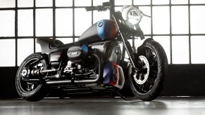 The custom white-and-black-with-blue-green-and-red-stripes 2022 BMW R 18 M