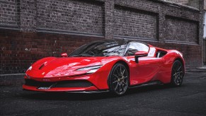 A red Ferrari SF90 Stradale in London, England, in April 2021