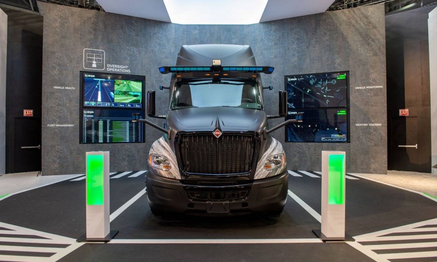 Front view of TuSimple self-driving autonomous robot truck at CES