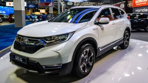 A white Honda CR-V is on display.