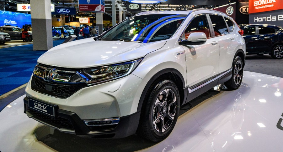 A white Honda CR-V is on display.