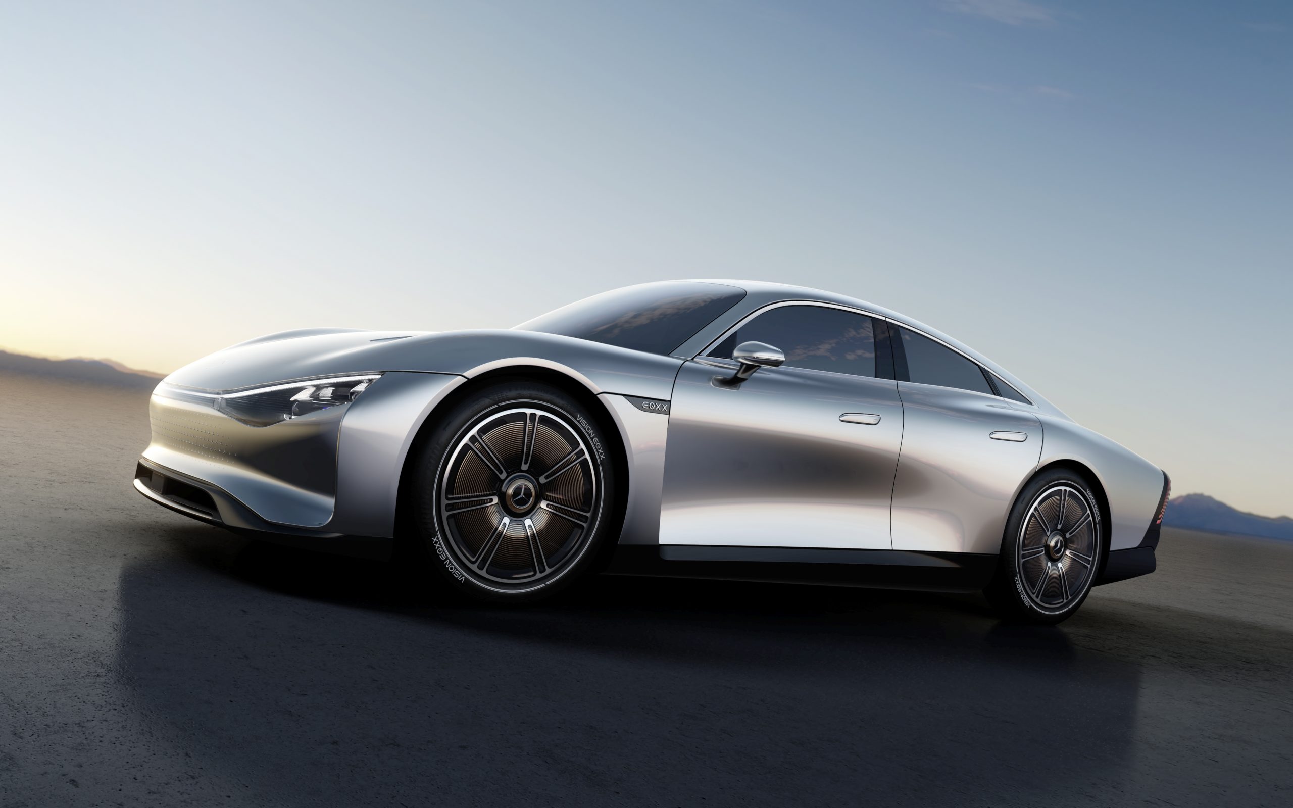 The new Mercedes-Benz EQXX EV concept car in silver