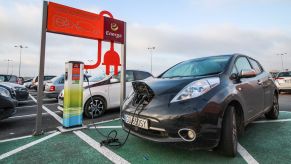 Nissan Leaf EV being charged at an electric vehicle charging station in Gdansk, Poland