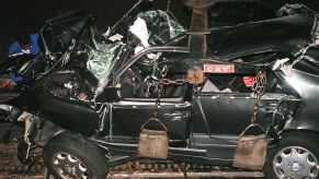 Wreckage of the Mercedes-Benz S-Class in which Princess Diana died in 1997