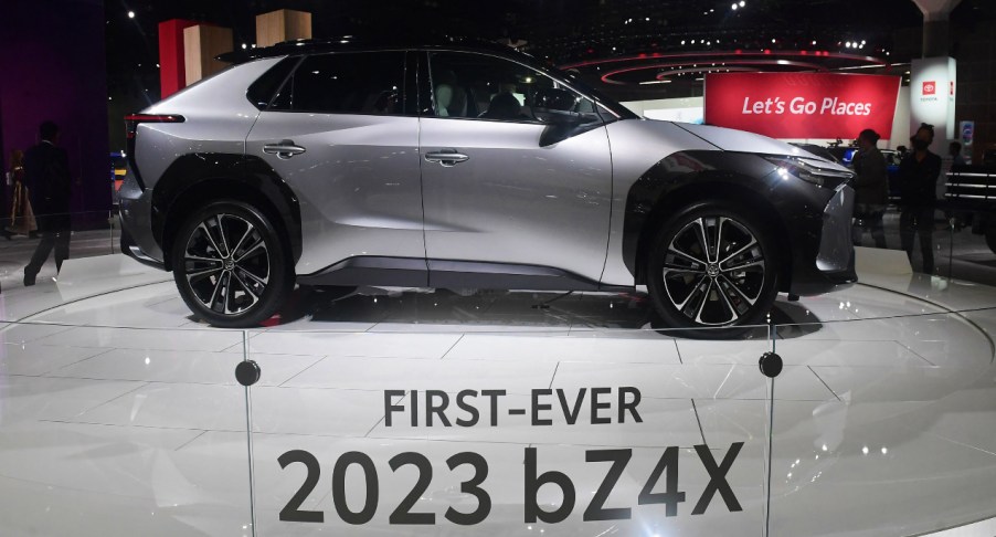 A gray 2023 Toyota bZ4X electric SUV is on display.