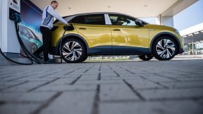 A yellow Volksagen Id.4 Pro electric crossover SUV, one of the cheapest 2021 options.