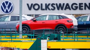 Various electric cars of the volkswagen group at the company's Zwickau plant on January 27, 2022 in Zwickau, Germany.