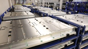 Car batteries destined for Volkswagen ID.3 EVs stacked at a production facility in June 2021 in Dresden, Germany