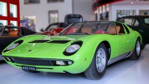 A green Lamborghini Miura vintage sports car in London, United Kingdom (U.K.)