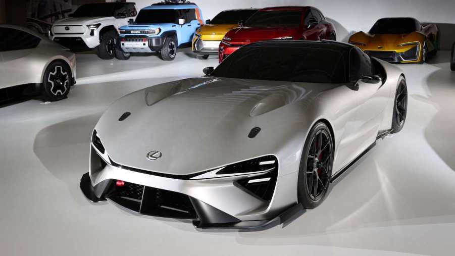 A 3/4 front view of the Lexus Electrified Sport Concept during a Toyota press conference.