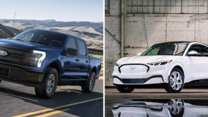 The 2022 Ford F-150 Lighting electric pickup truck and the 2022 Ford Mustang Mach-E electric muscle compact SUV