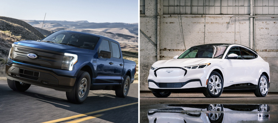 The 2022 Ford F-150 Lighting electric pickup truck and the 2022 Ford Mustang Mach-E electric muscle compact SUV