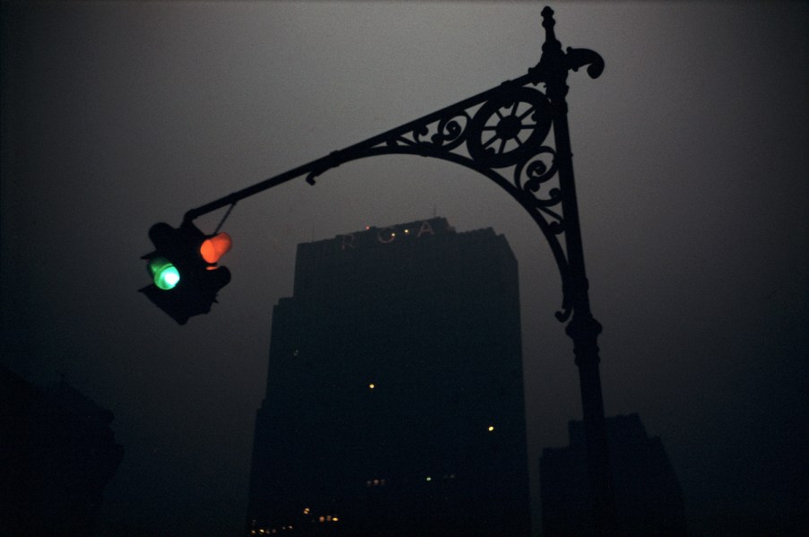 Traffic lights with the RCA building in the background, New York City, circa 1955