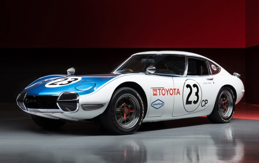 The white-and-blue 1967 Toyota 2000GT Shelby race car 'MF10-10001'