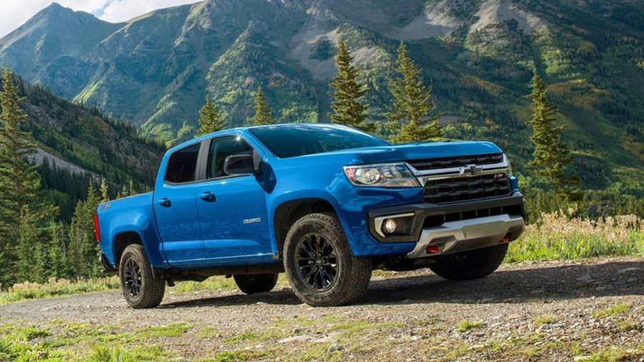 Blue 2022 Chevrolet Colorado on a trail