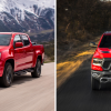 2022 Chevy Silverado 1500 Trail Boss and 2022 Ram 1500 Rebel full-size off-road pickup truck models in red paint colors