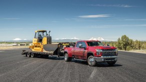 Heavy duty truck: 2022 Chevy Silverado 3500HD LTZ pulling a bulldozer