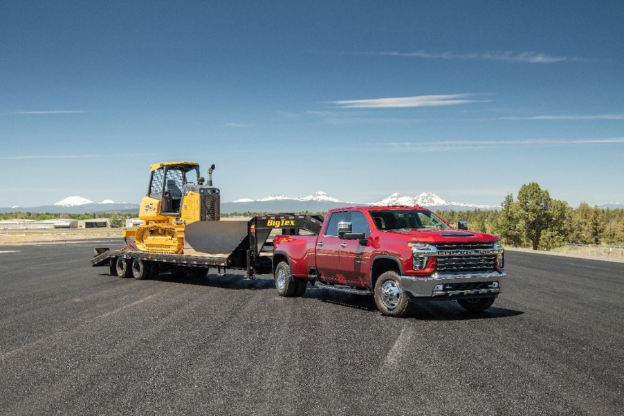 Heavy duty truck: 2022 Chevy Silverado 3500HD LTZ pulling a bulldozer