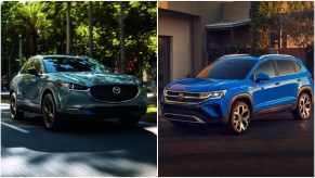 A 2022 Mazda CX-30 and 2022 Volkswagen Taos in side-by-side photos