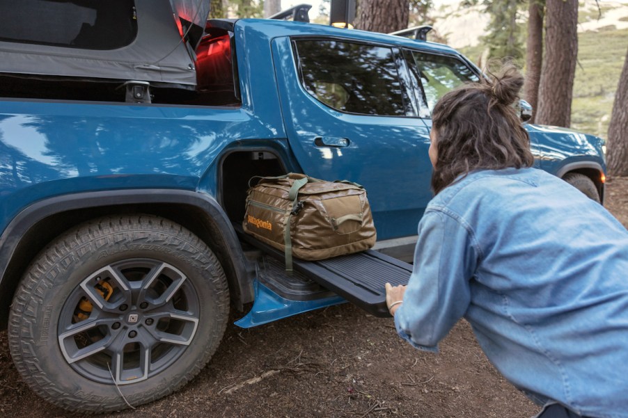 The 2022 Rivian R1T electric pickup truck's gear tunnel