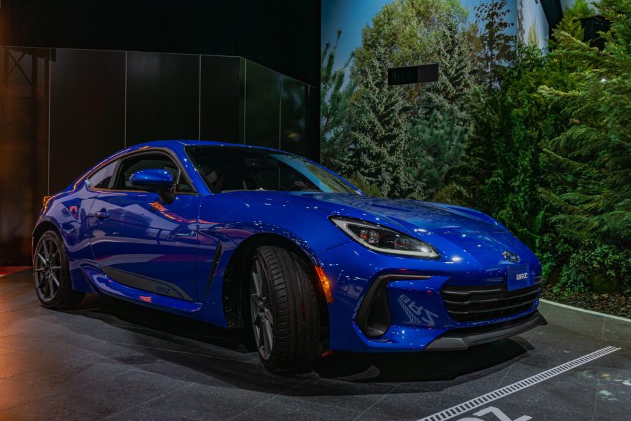 A blue 2022 Subaru BRZ Limited at the 2022 Chicago Auto Show