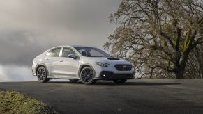 A white 2022 Subaru WRX shot from the 3/4 angle