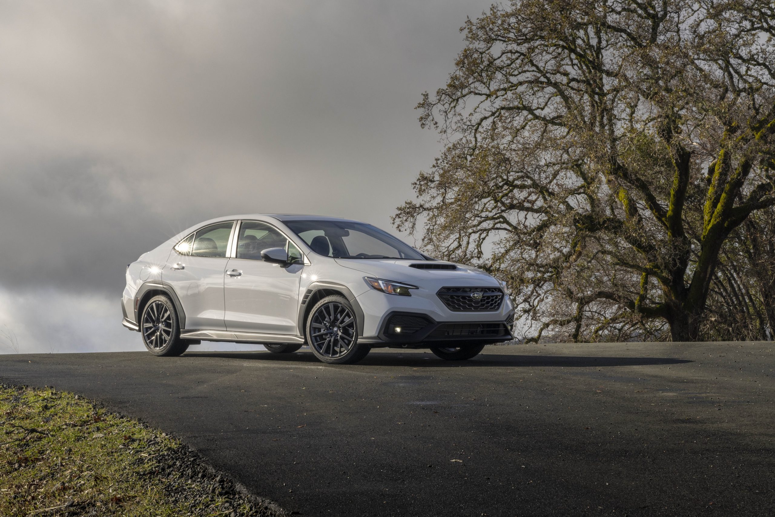 A white 2022 Subaru WRX shot from the 3/4 angle