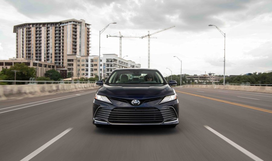 A front shot of the 2022 Toyota Camry on a cloudy day