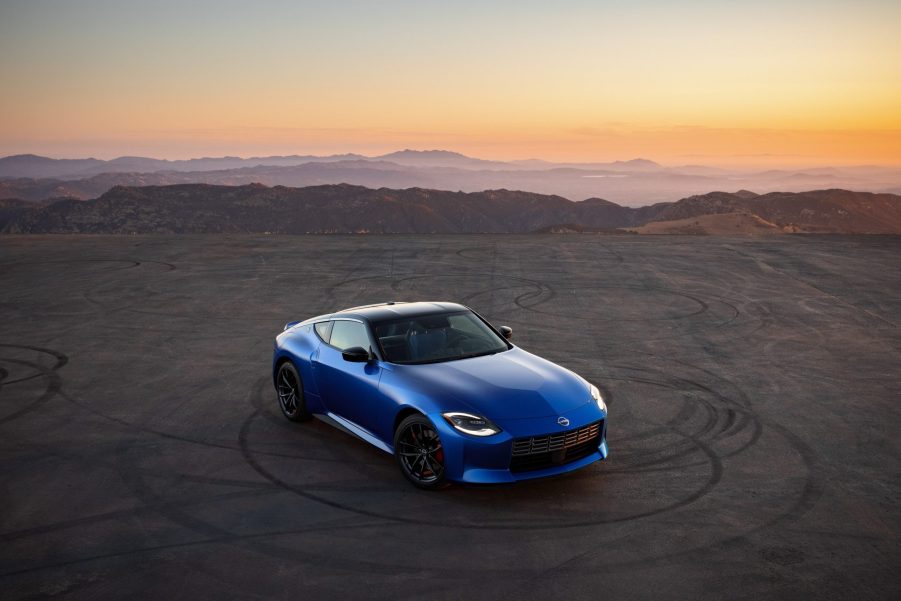 A blue 2023 Nissan Z shot at sunset