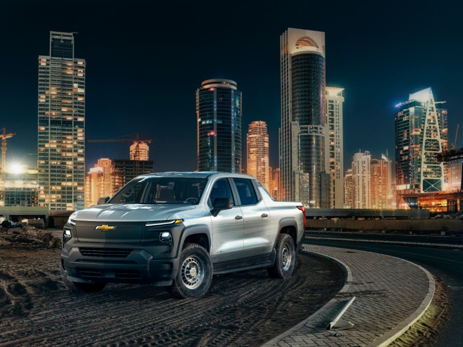 The 2024 Chevy Silverado EV WT in the city