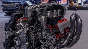 A cutaway 2023 C8 Corvette Z06 LT6 V8 at the Chicago Auto Show