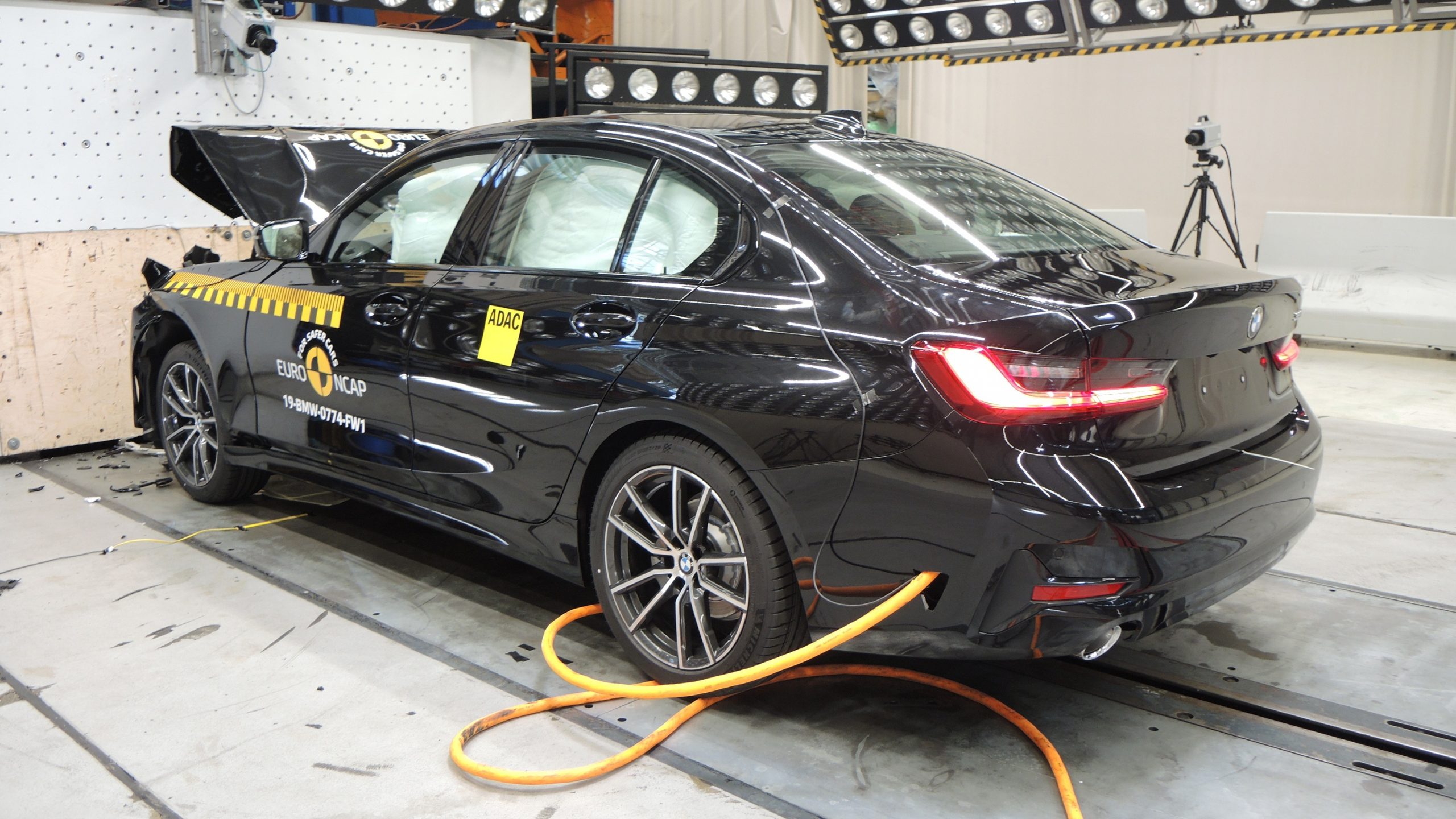 A BMW 3 Series during crash testing in Europe