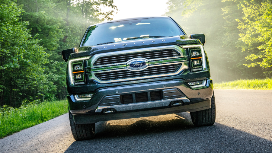 Front view of blue-gray 2022 Ford F-150, highlighting the cars Democrats and Republicans drive the most