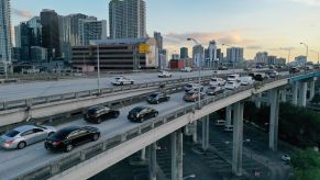 An aerial view of car driving on the I-95 freeway in Miami, Florida