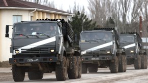 A convoy of Russian trucks carrying missile-launching systems into Ukraine.