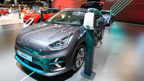 A gray 2022 Kia Niro EV is on display.