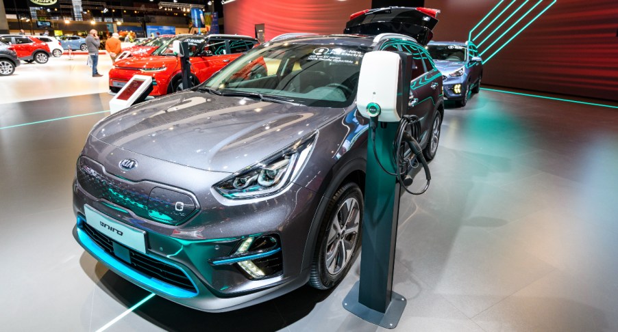 A gray 2022 Kia Niro EV is on display.