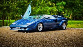 A blue Lamborghini Countach supercar shot from the front 3/4