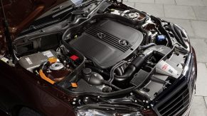 The engine bay of an E Class Mercedes-Benz hybrid