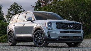 A silver 2022 Kia Telluride parked outside.