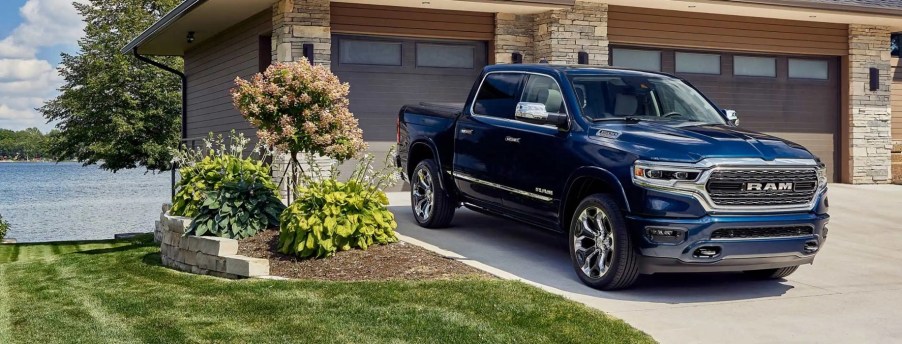 A dark blue 2022 Ram 1500 10th Anniversary truck.