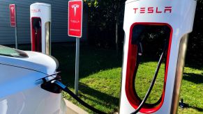 A Tesla Supercharger (different from a Tesla Destination Charger) charging a Tesla EV in Katowice, Poland